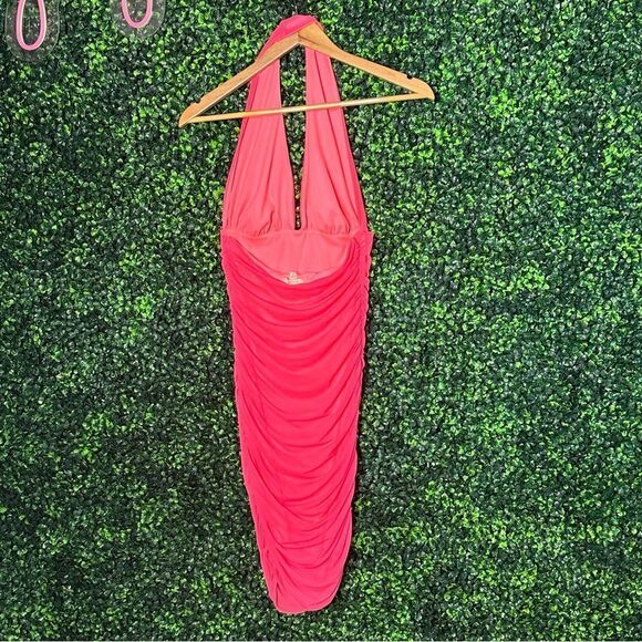 Guess Halter Ruched Hot Pink Barbie V Neck Dress Sz M - Picture 4 of 9
